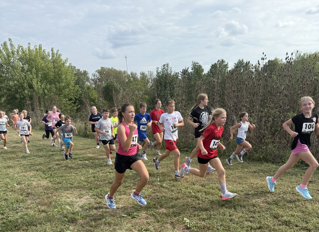 elementary runners run along the grassy course, a row of trees is behind them