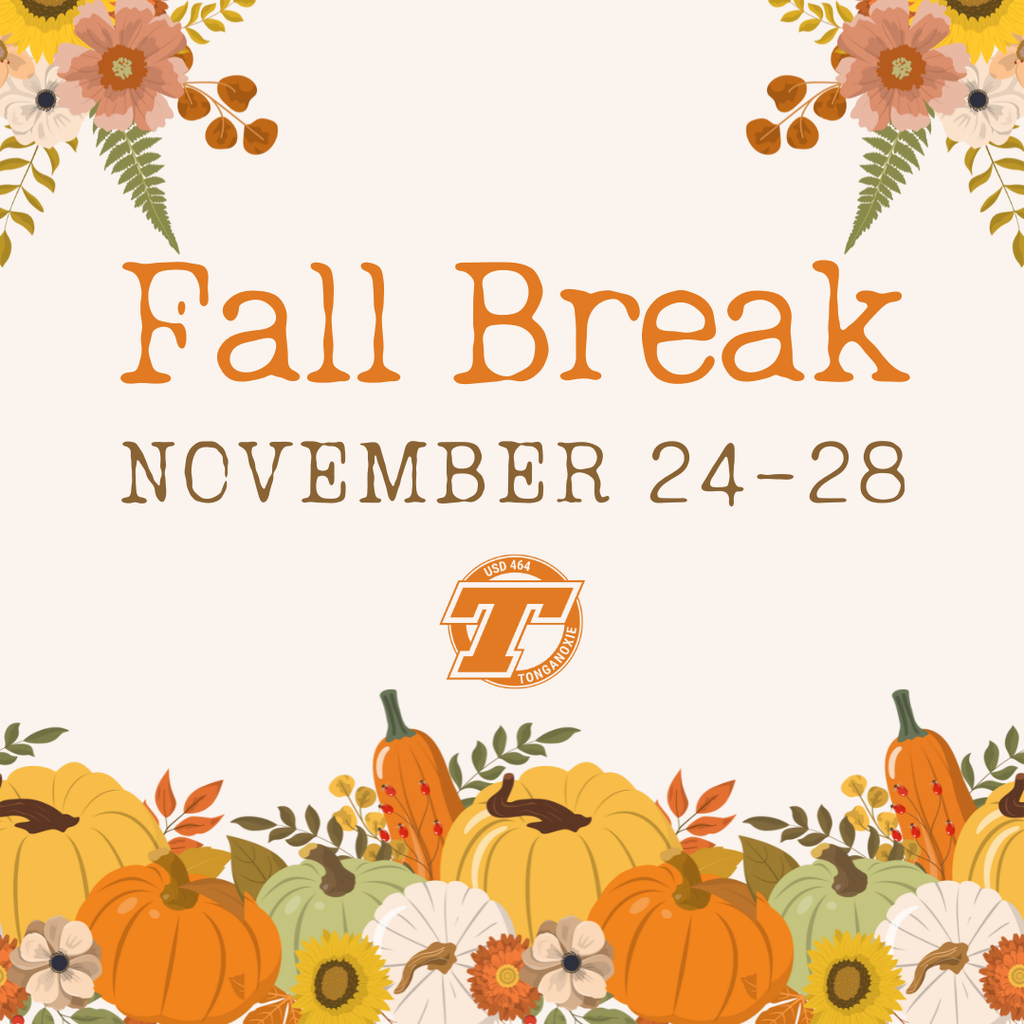 beige background, orange and brown text, clip art of pumpkins, sunflowers, and gourds along the bottom