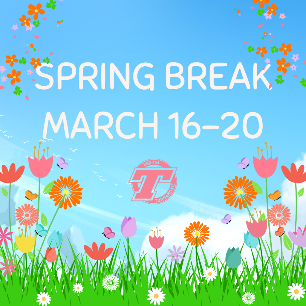 blue background, white text, spring flowers in various shades of blue, purple, orange and turquoise