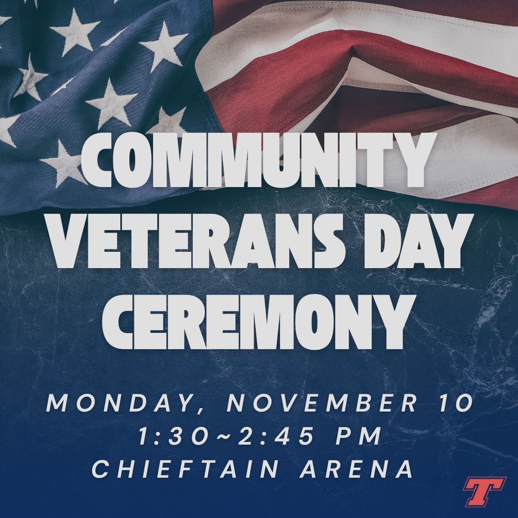 blue background, white text, red white and blue American flag along the top