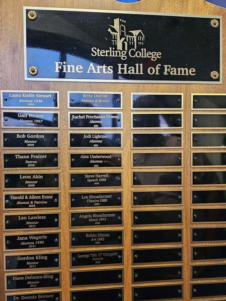 wooden plaque with black metal nameplates on it; one in the middle says Steve Harrell Speech 1988 2025