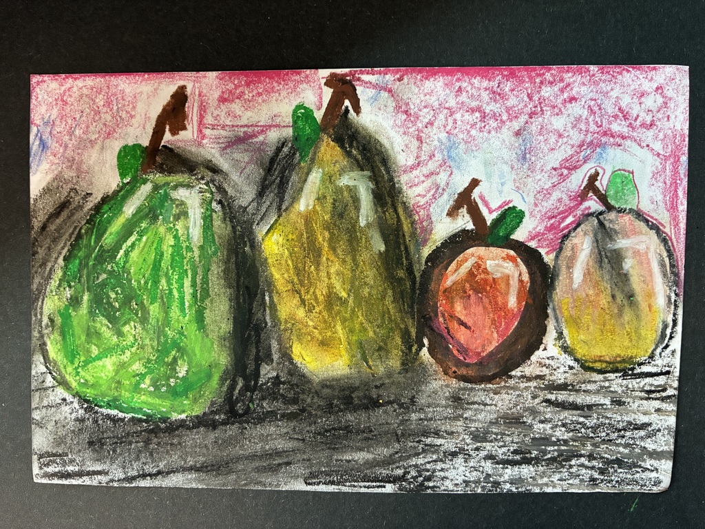 still life of pears and other fruit in greens, yellows and red. The drawing is done with chalk and oil pastels. 