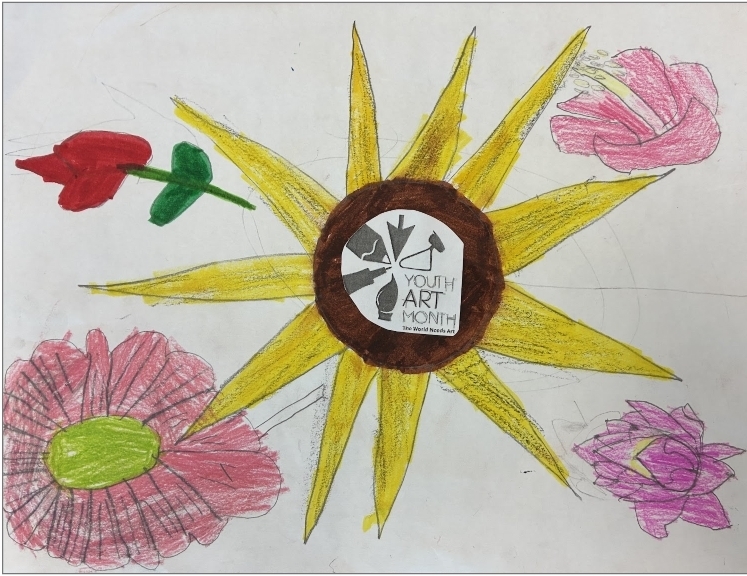 Flowers on Flag for Youth Art Month. Colored in with markers and crayon. Yellow, pink, red, green, brown. 