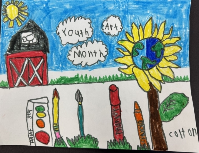 farm scene with art materials, sunflower, markers, grass, crayon, pencil 