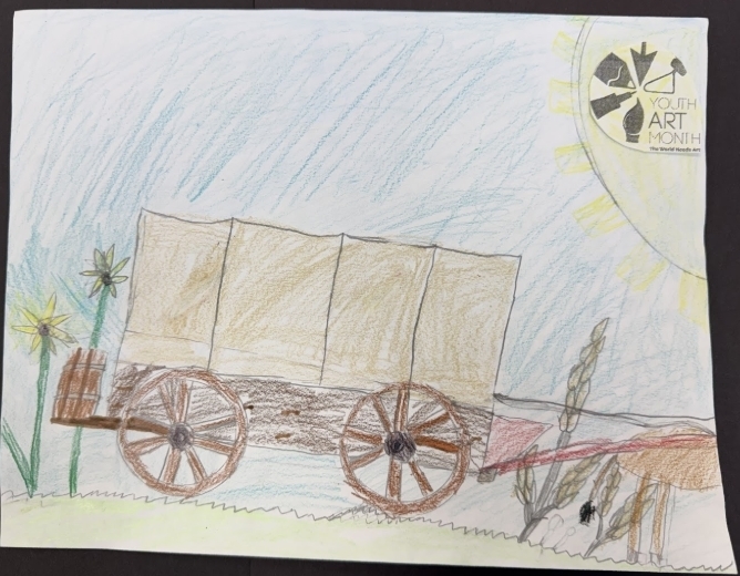 covered wagon, sunflowers, corn, colored pencil 