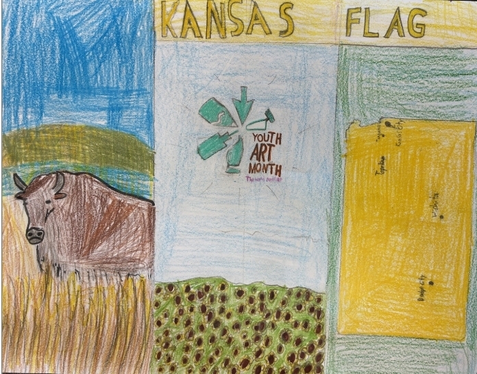 Kansas Flag for Youth Art month, blue yellow green, brown, hand colored with colored pencil, shows the YAM logo, a Kansas Map and a buttalo