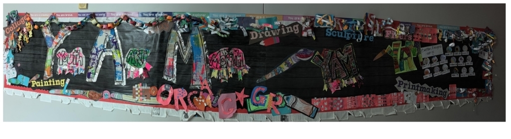 YAM posters, student button designs, paper weavings and paper sculptures, flags from student printmaking