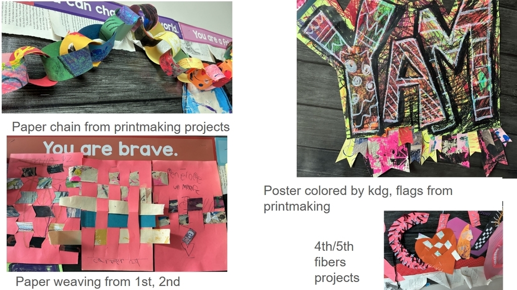 YAM posters, student button designs, paper weavings and paper sculptures, paper chains, fibers projects on paper