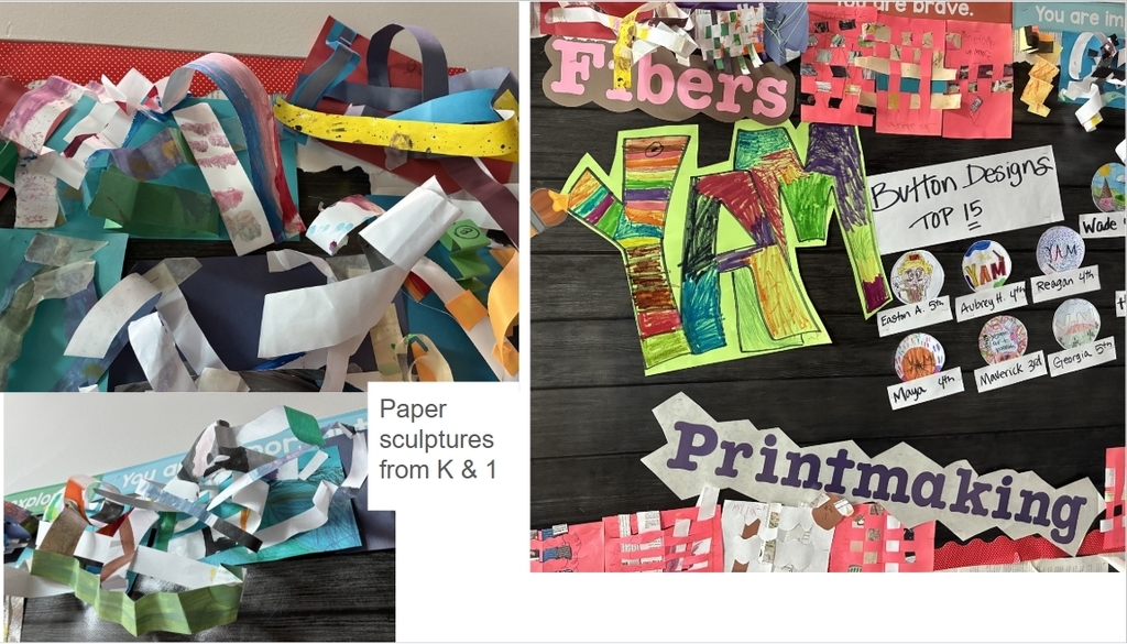 YAM posters, student button designs, paper weavings and paper sculptures 