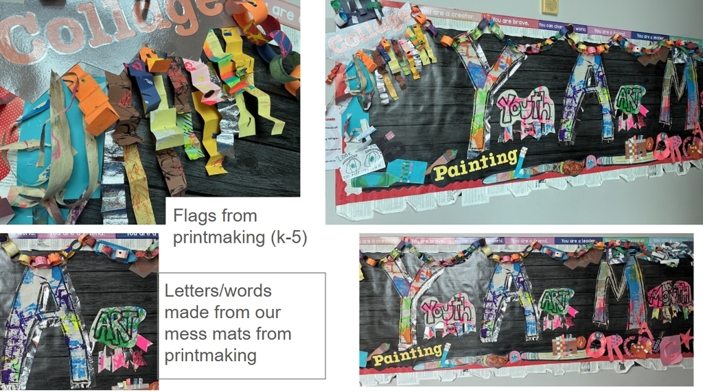 YAM posters, student button designs, paper weavings and paper sculptures, flags from student printmaking