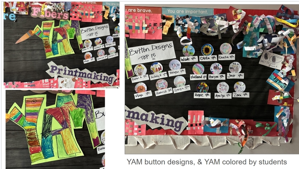 YAM posters, student button designs, paper weavings and paper sculptures 
