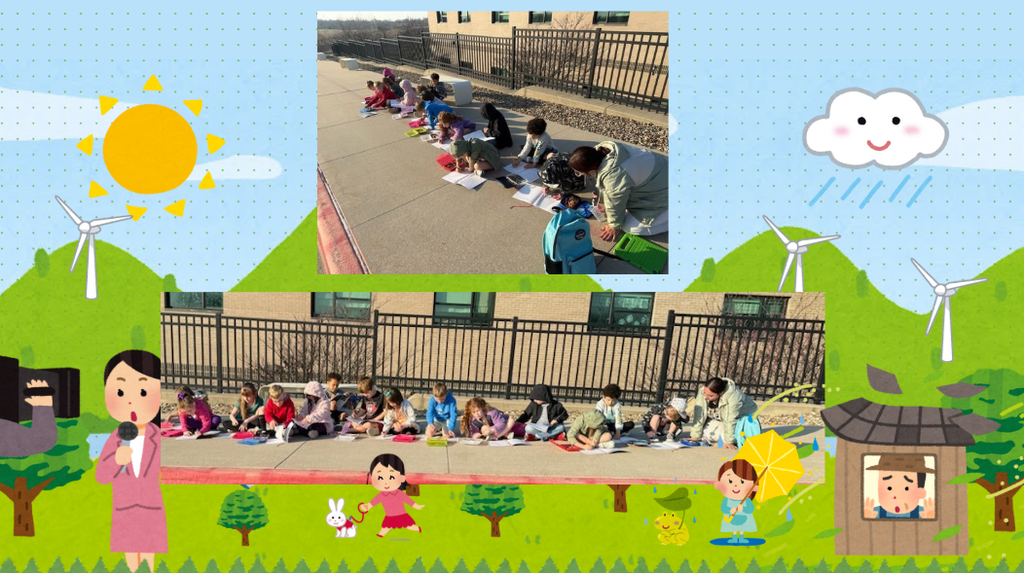 Students working outside to draw pictures of the weather in their science notebooks.