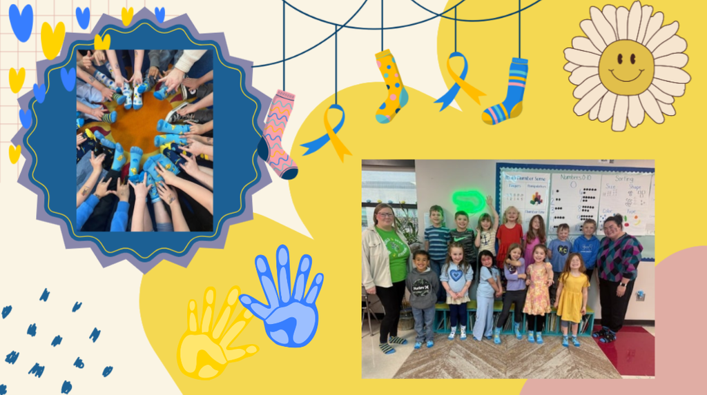 Students posing together in their Down Syndrome awareness socks to support their classmate and promote inclusion. 