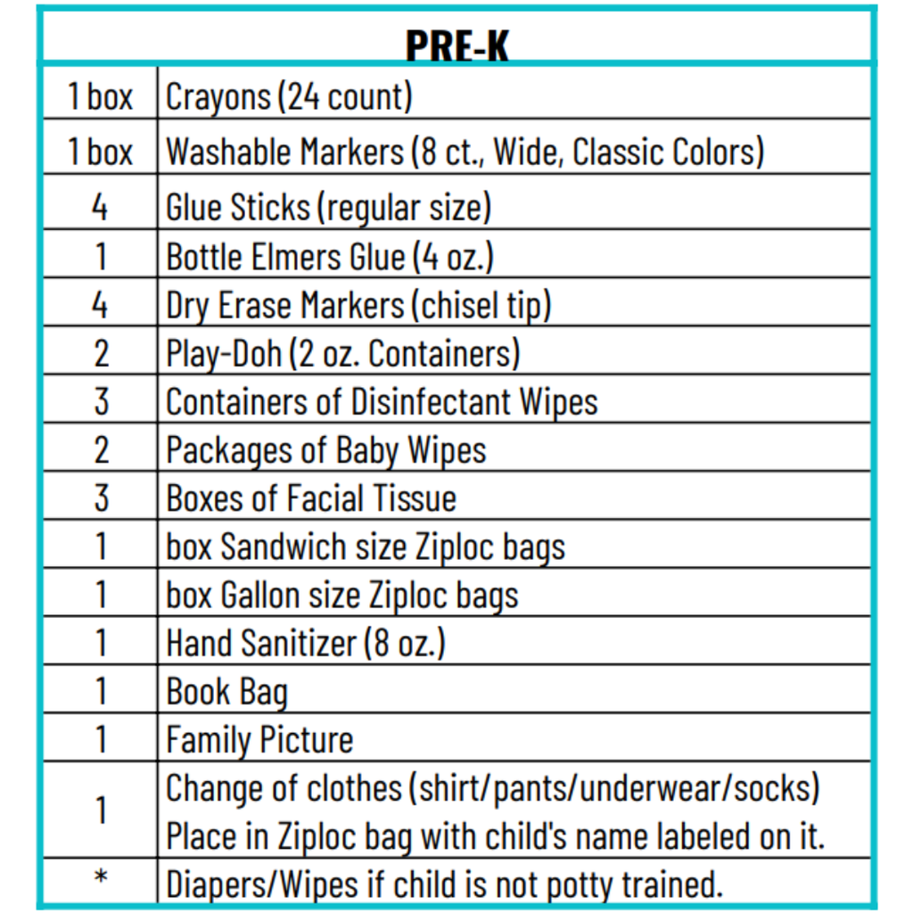 PreK School Supply List