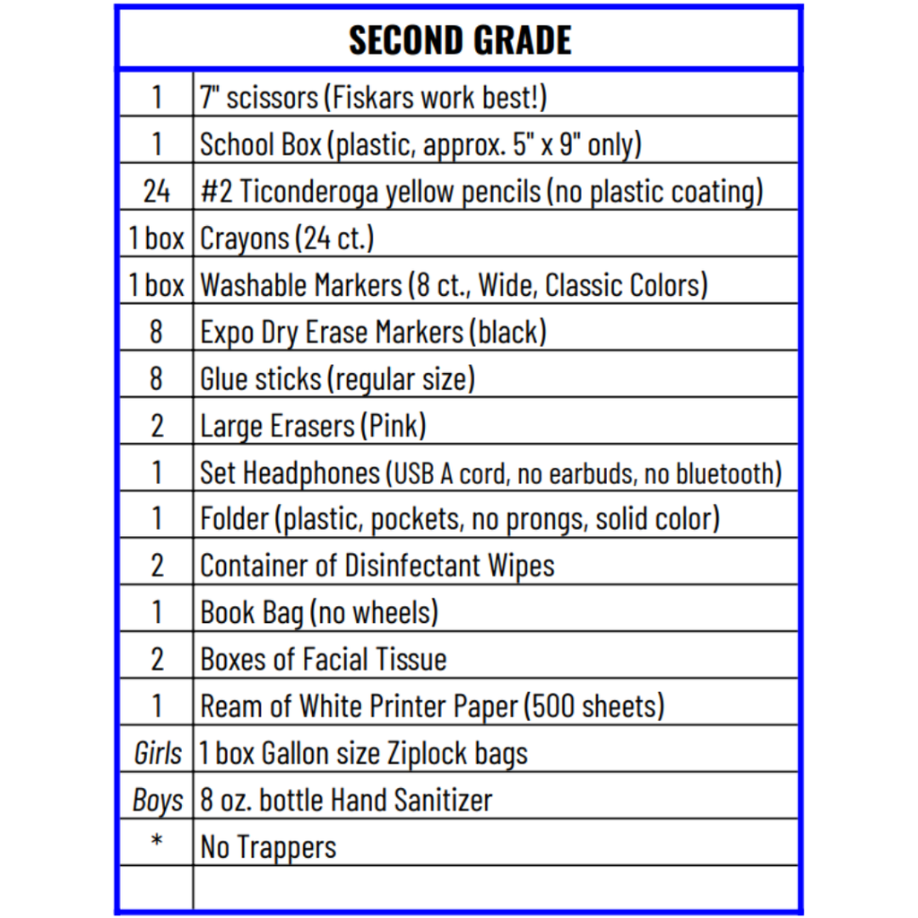 2nd Grade School Supply List
