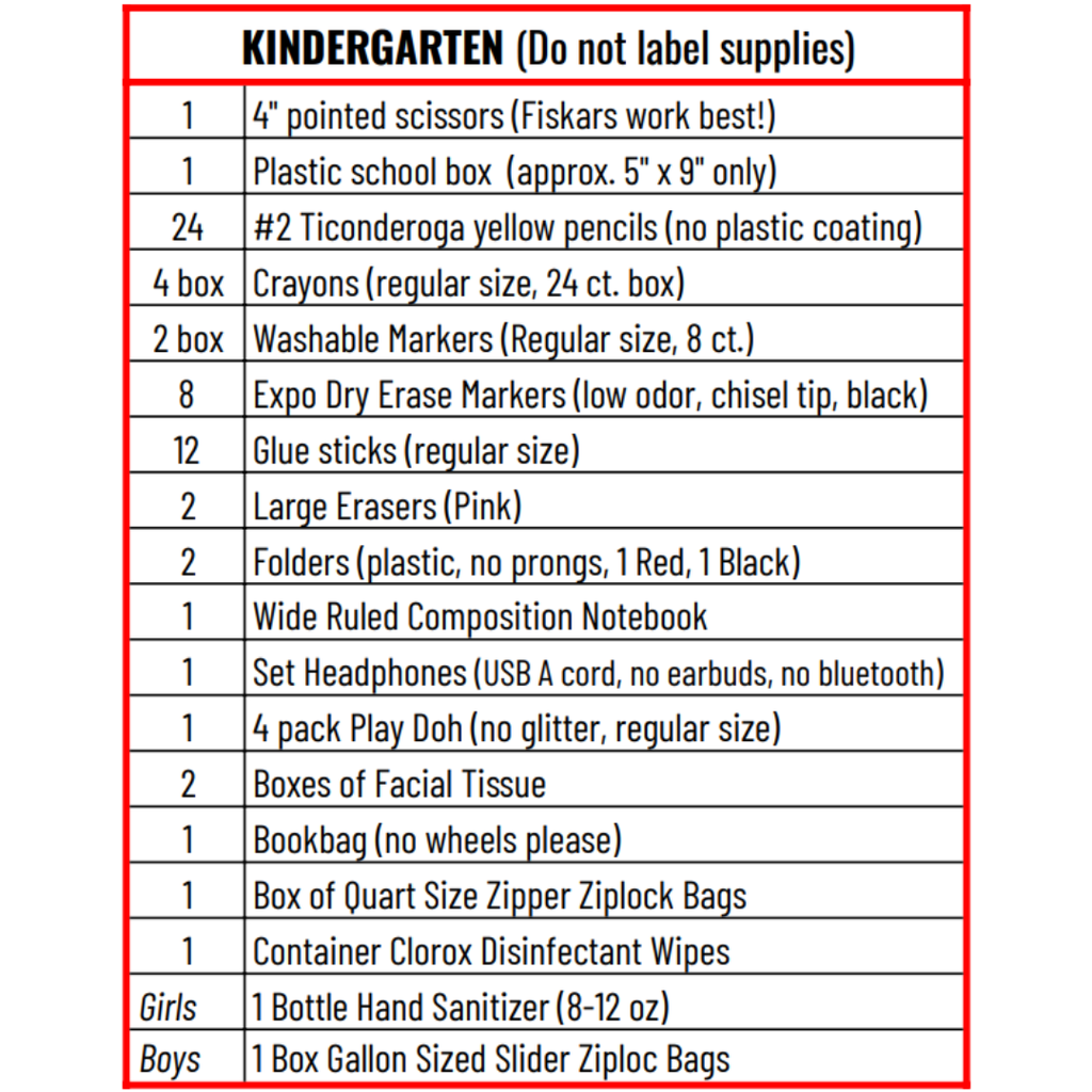 Kindergarten School Supply List