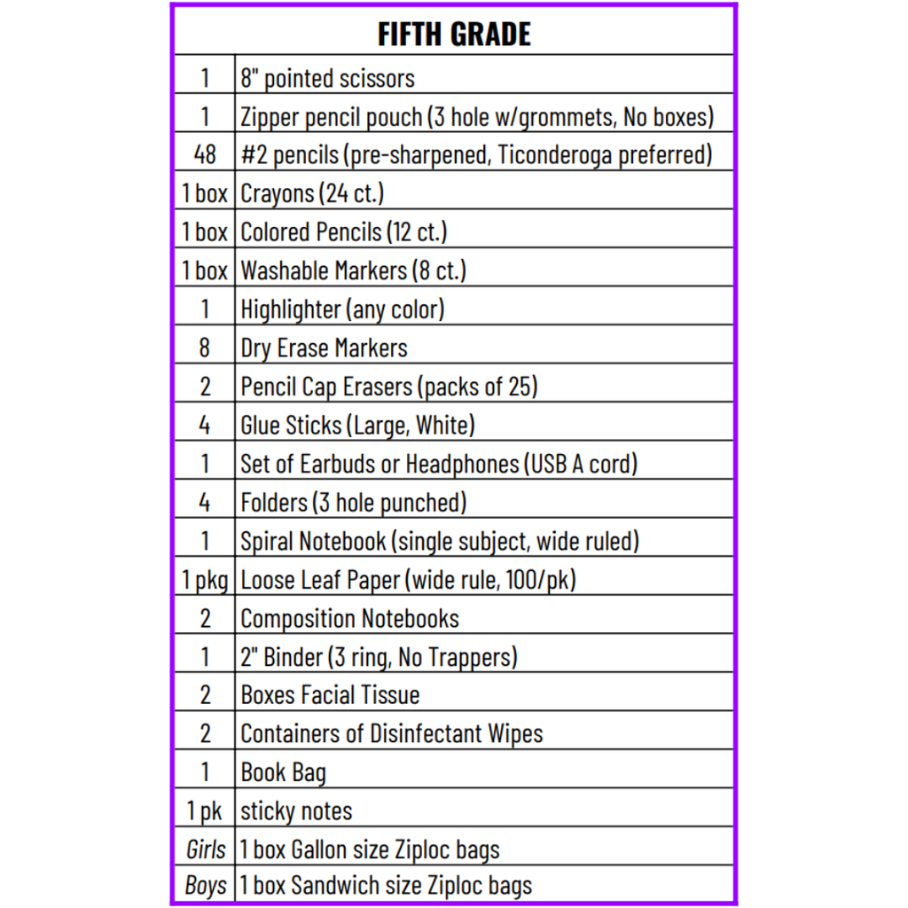 5th Grade School Supply List