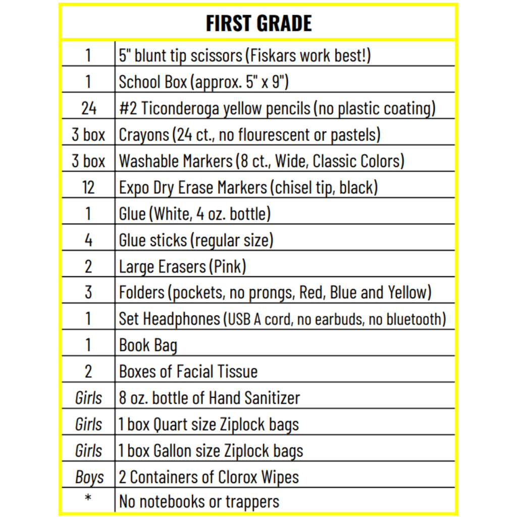 1st Grade School Supply List