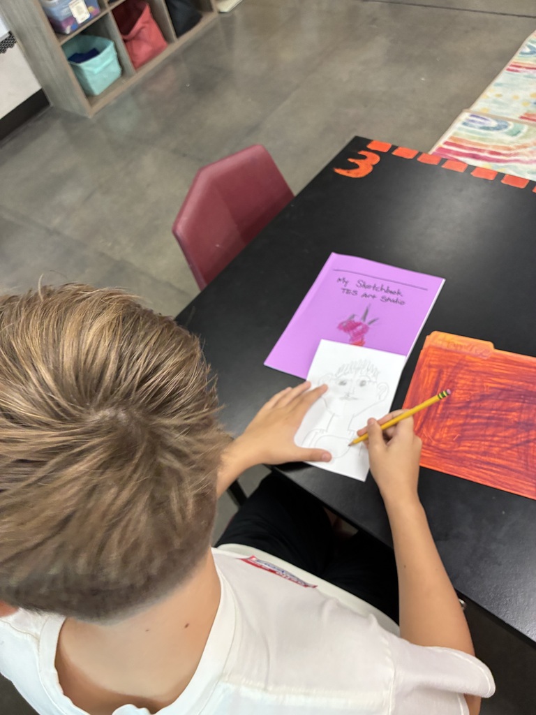 A boy in a white T-shirt is drawing his portrait with a pencil 