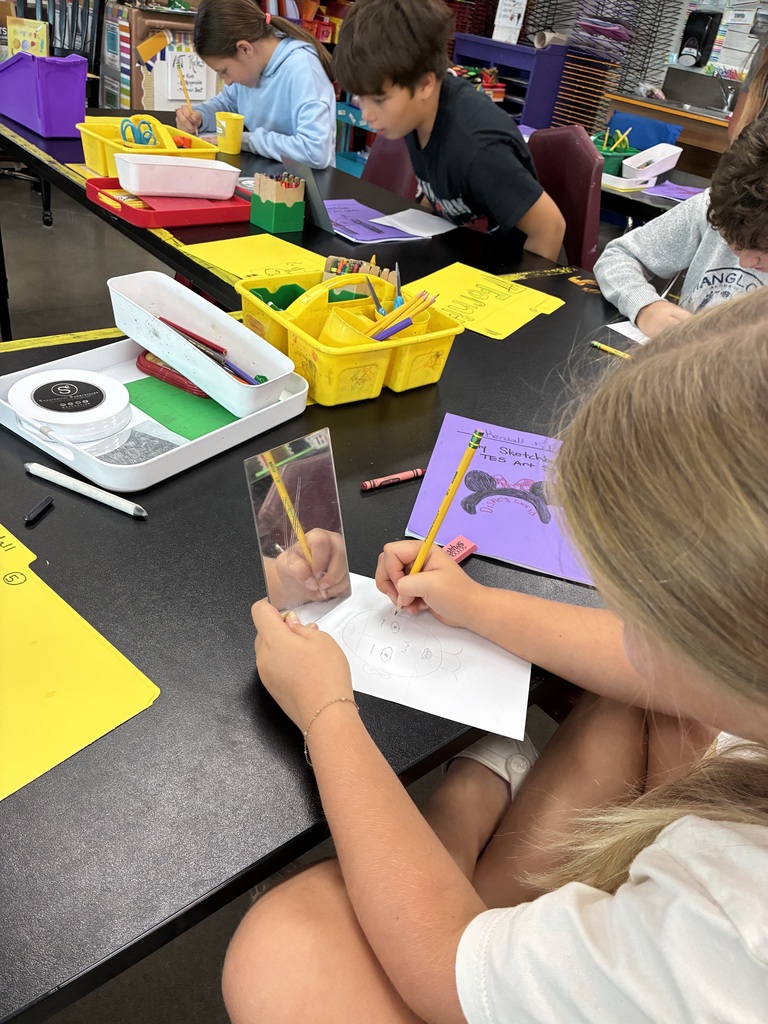 Girl in white shirt and blonde hair is looking at a mirror while drawing her self portrait 