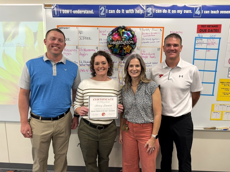 mrs. emmot stands with principal cody witte, asst principal kelly hoopes, and asst principal josey eastes