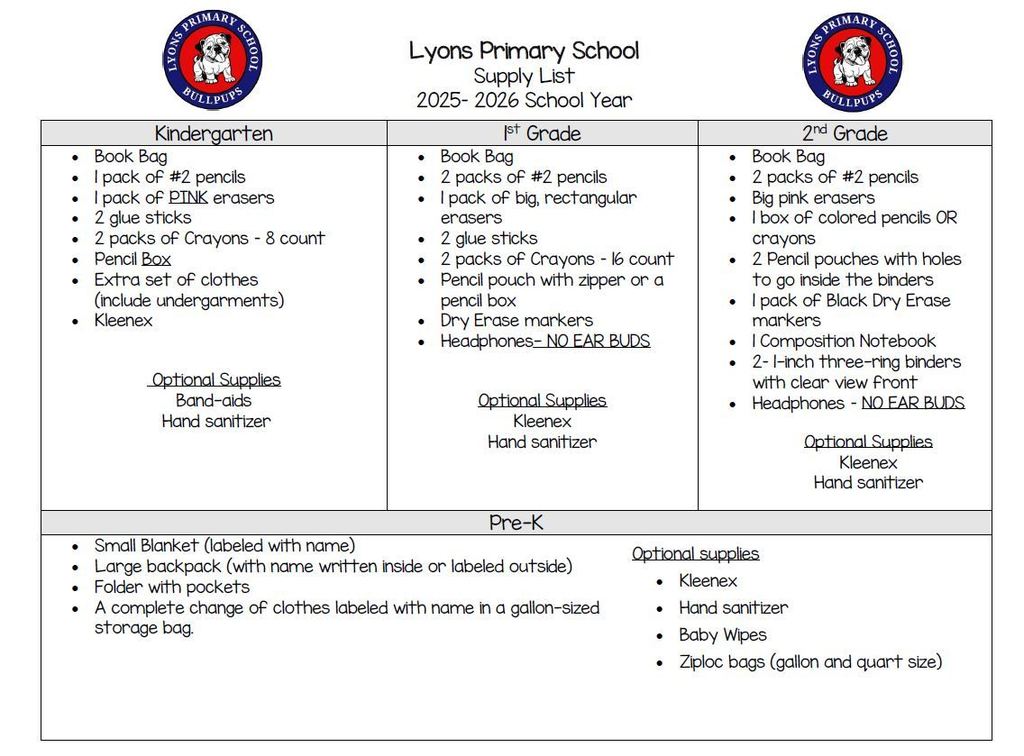 School supply list