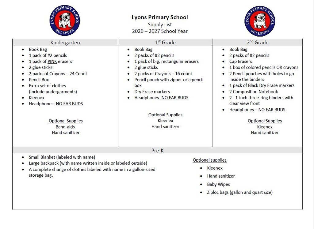 2026-2027 LPS School Supply List