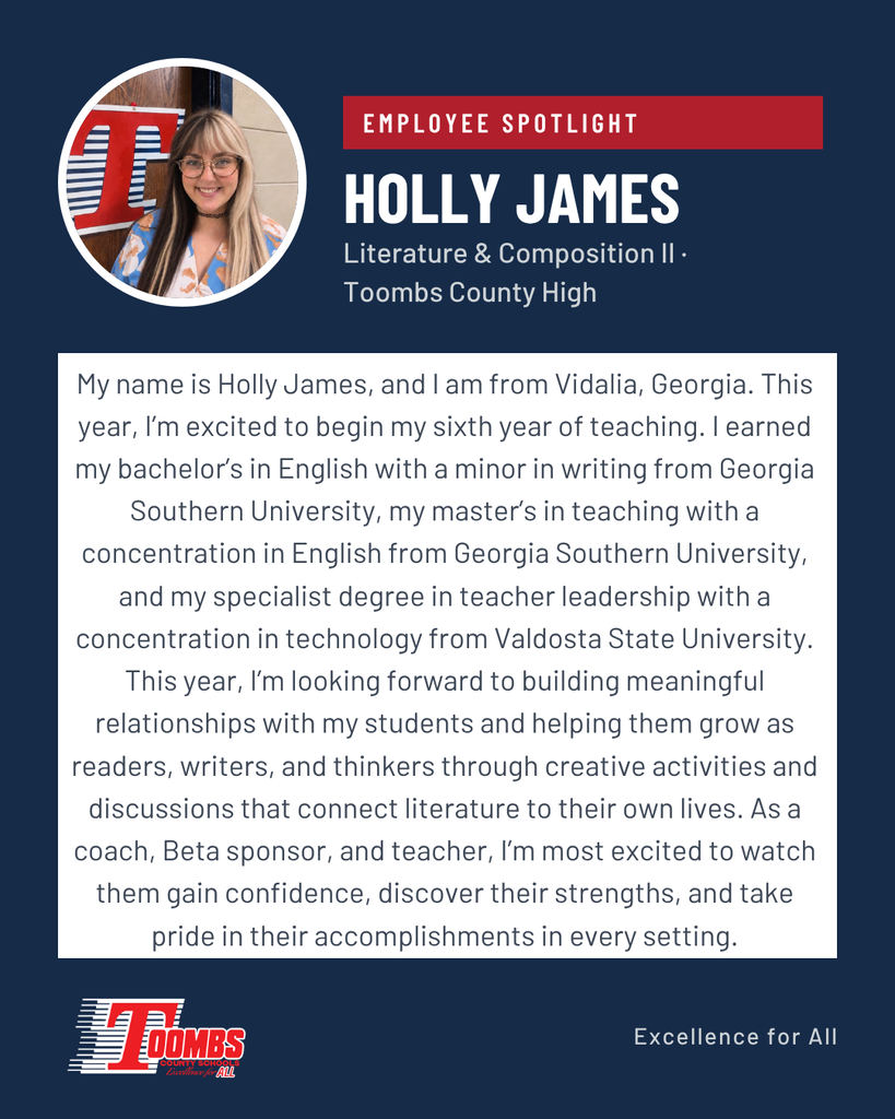 Circular image of Holly James, a teacher from Toombs County High. She has a bachelor's degree in English from Georgia Southern University.