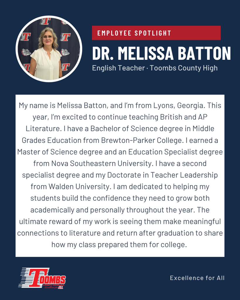 A profile picture shows an adult woman in a white blouse. Text reads: "My name is Melissa Batton, and I'm from Lyons, Georgia."