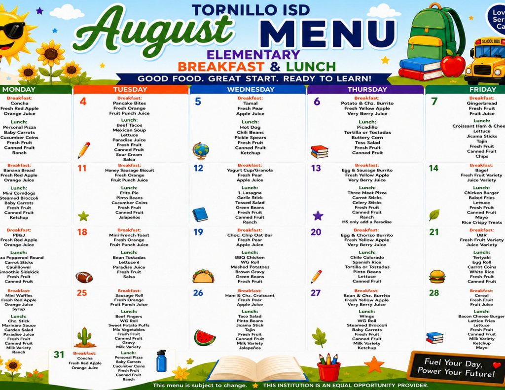 Tornillo ISD August Menu — Elementary Breakfast & Lunch