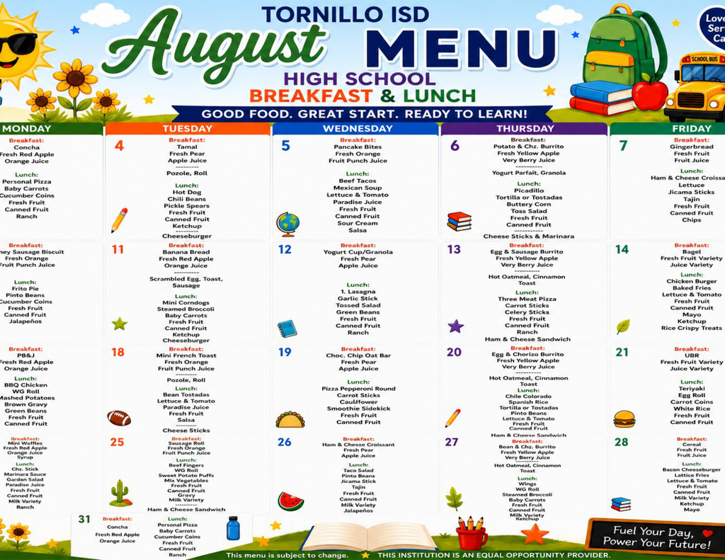 Tornillo ISD August  Menu — High School Breakfast & Lunch
