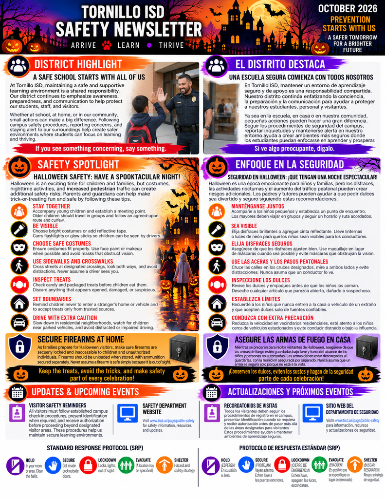 An open newsletter with sections on Halloween safety, school updates, and events. It features icons, text in English and Spanish, and a Halloween-themed background.