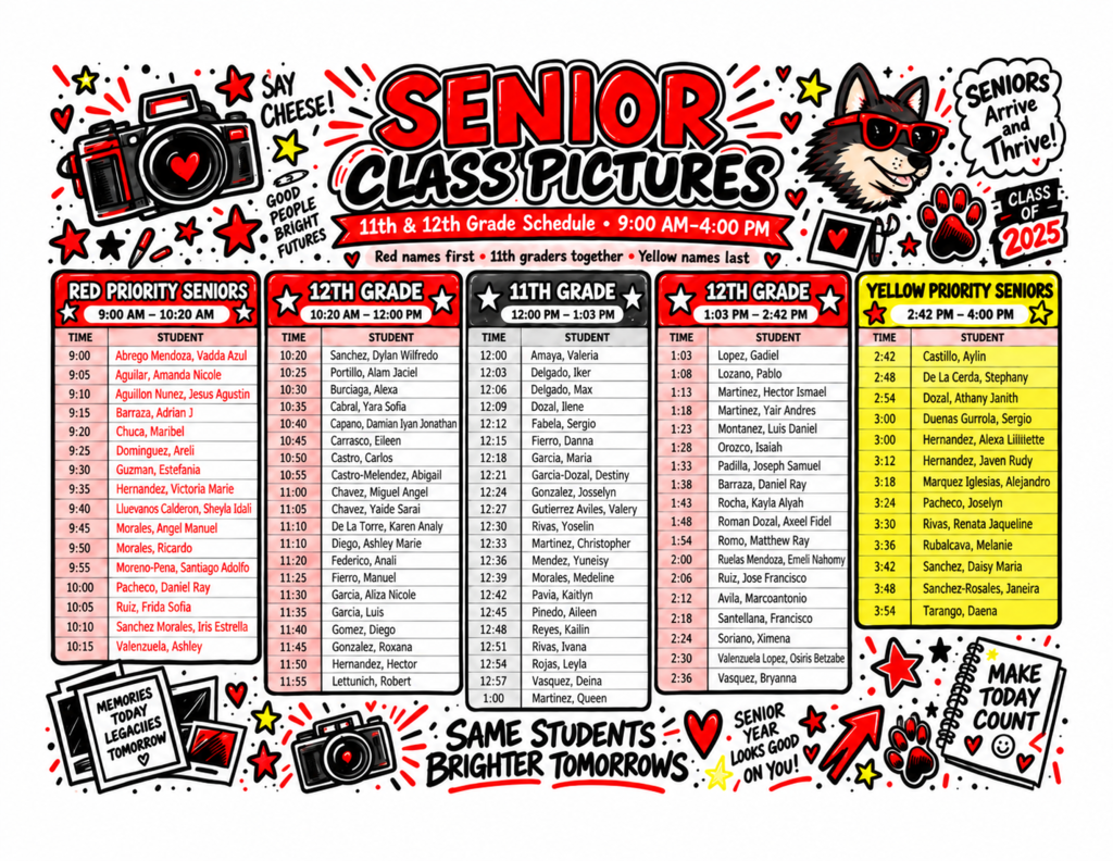 Senior Picture schedule as follows & ECHS Juniors