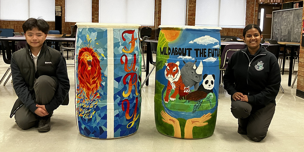 Photo of Eliana F. and Lyle B. with their two barrel designs