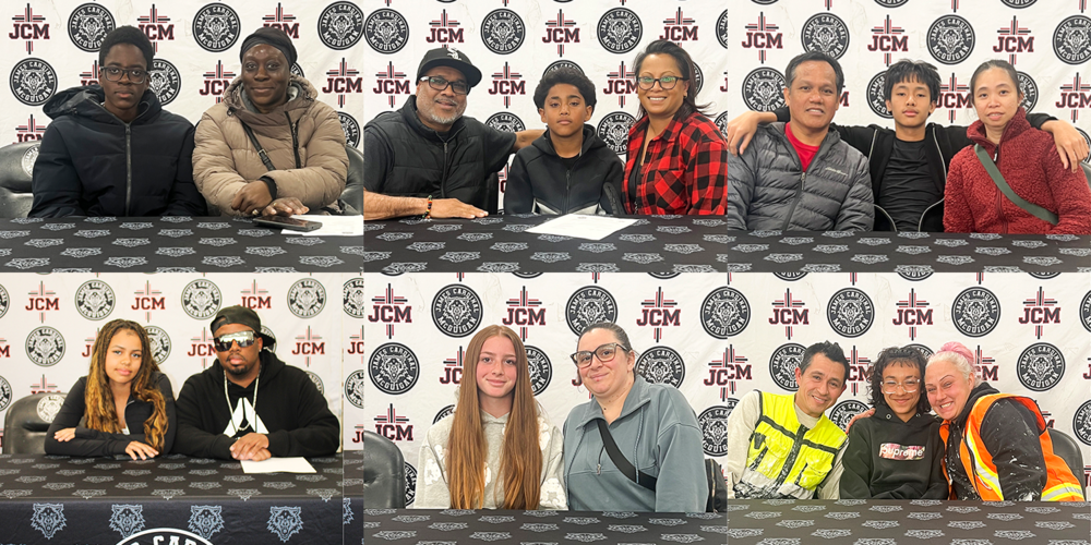 Collage of six photos of students posing with their families on signing day
