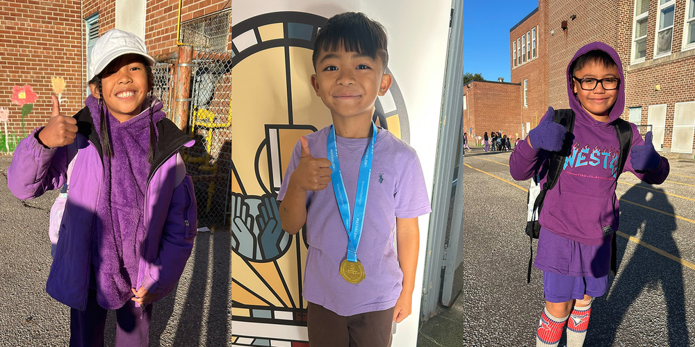 Collage of three photos of St. Margaret students dressed in purple for Dress Purple Day