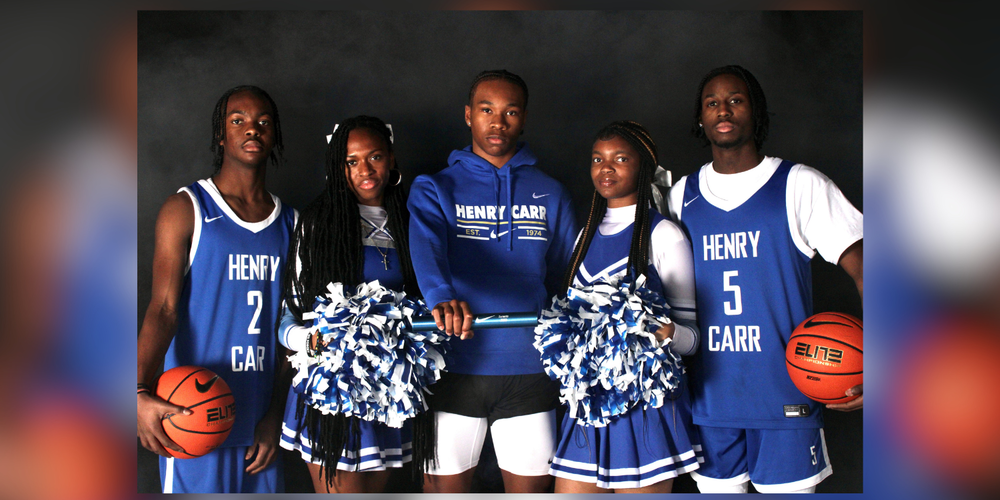 5 students in Henry Carr athletic uniforms
