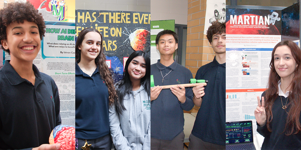 Collage of four photos of Marshall McLuhan students showing their project boards at the fair