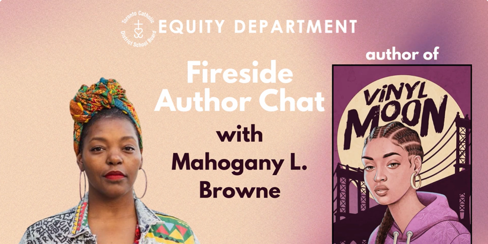 Thumbnail of the video of the virtual chat showing a photo of author Mahogany Browne as well as the cover of the author's book Vinyl Moon