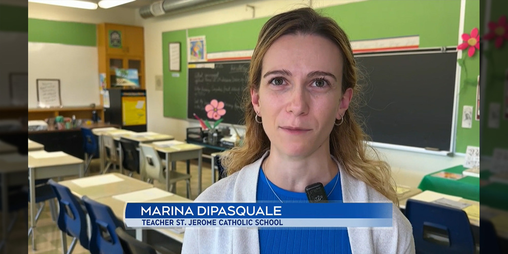 Screenshot from the video of St. Jerome teacher Marina DiPasquale being interviewed preparing for her first day of school