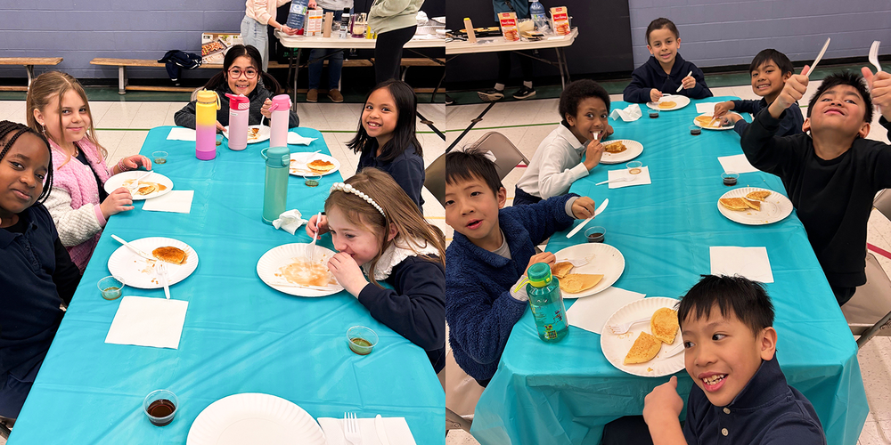 Collage of two photos of Blessed Trinity students enjoying their pancakes