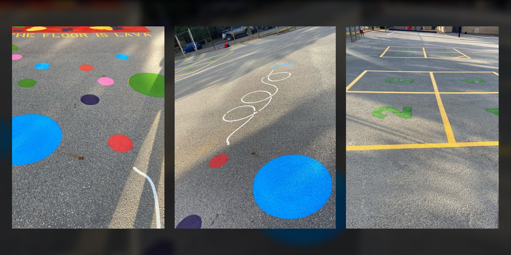 Three photos of school yard line paintings