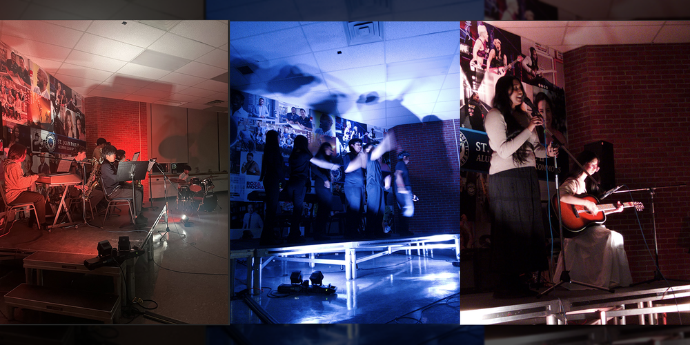 Collage of three photos of St. John Paul II students performing at the Coffeehouse