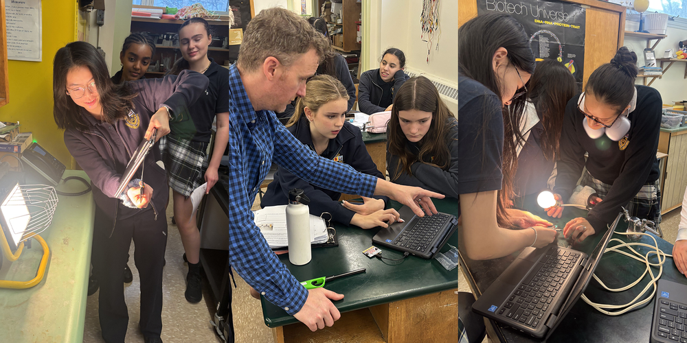 Collage of three photos of SJCS students working on their project with the help of their teacher