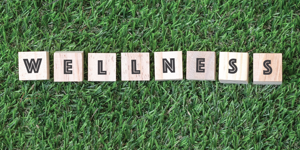 Wooden letter tiles spelling the word “WELLNESS” arranged in a row on green grass.