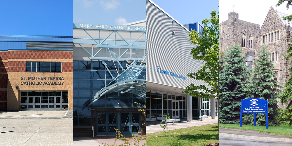 Collage of four photos showing the front of the St. Mother Teresa, Mary Ward, Loretto College and Loretto Abbey school buildings