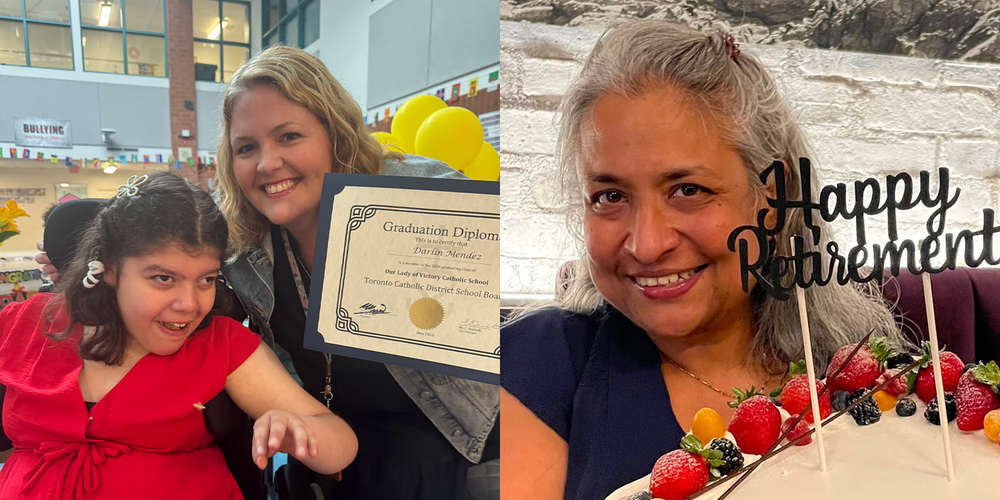 Collage of two photos, one showing Darlin with her teacher and her diploma, and one showing Ms. Devine with her retirement cake