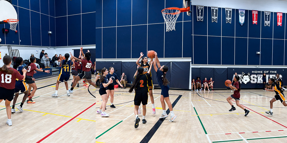 Collage of three photos of students playing basketball on the court during the tournament