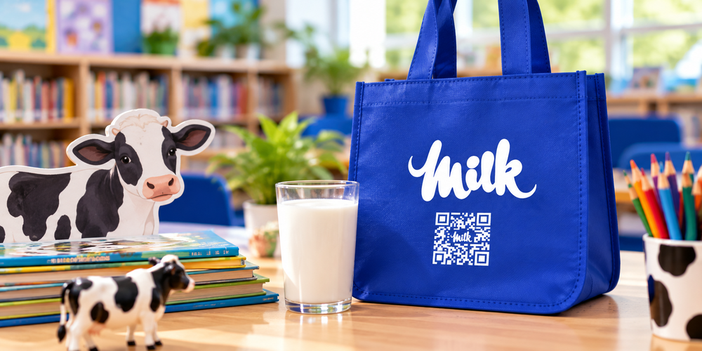 Blue reusable tote bag on a classroom desk with the word “Milk” and a QR code, next to a glass of milk and small cow figurines among books and pencils.