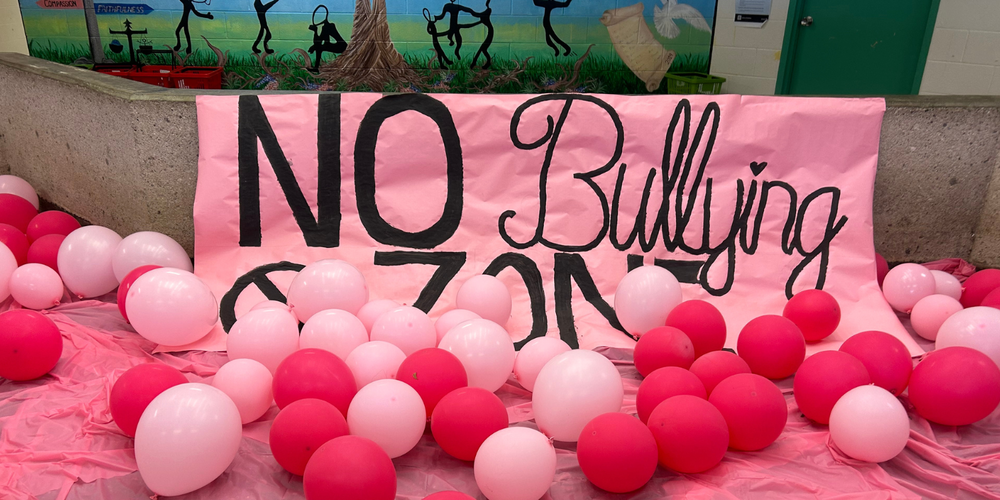 No Bullying display with pink balloons